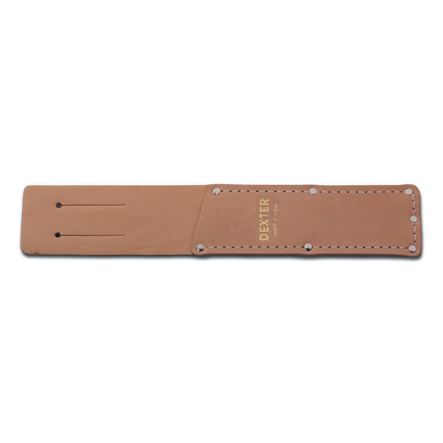 Brown leather tool belt with 'Dexter' branding on a white background