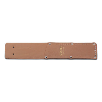 Brown leather tool belt with 'Dexter' branding on a white background